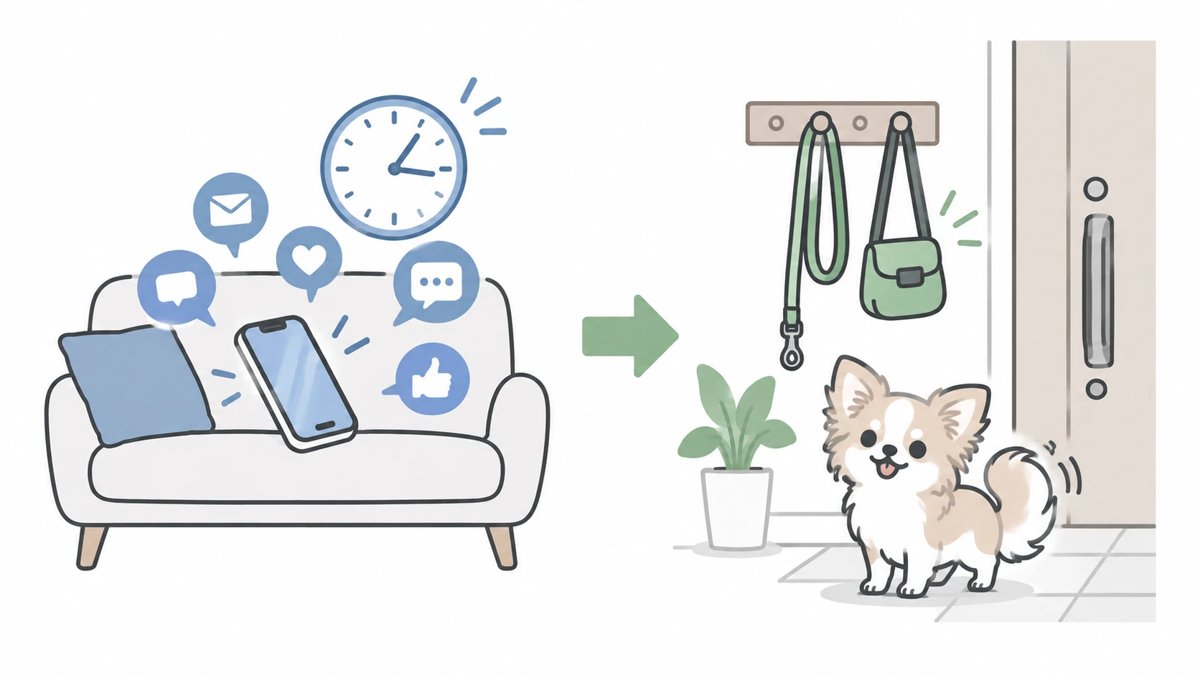 ソファに置いたスマホから、お散歩を待つワンコへ時間を移すイラスト