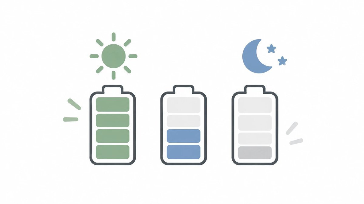 体力を電池で表したイラスト(朝は満タン、夜は残りわずか)