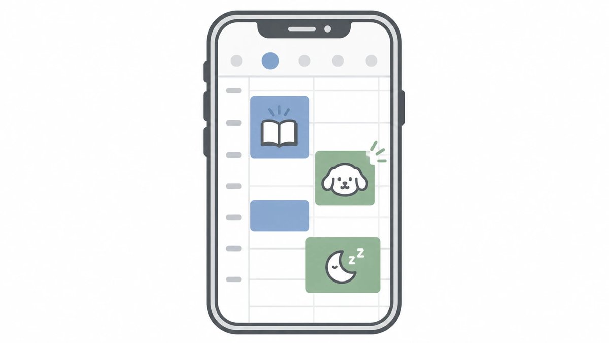 スマホのカレンダーに読書・ワンコ・休む日の予定を入れたイラスト