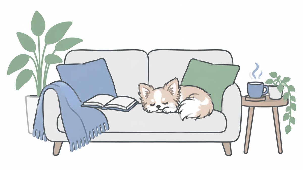ソファで眠るワンコと、読みかけの本とお茶のイラスト